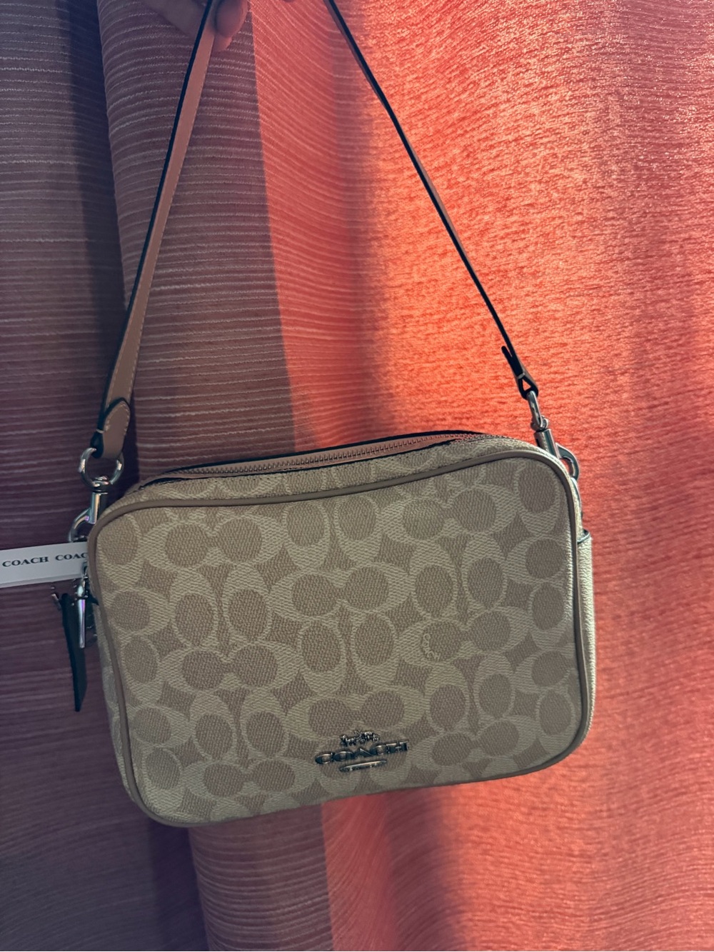 Coach Beige Signature Canvas Crossbody Bag with Tan Trim